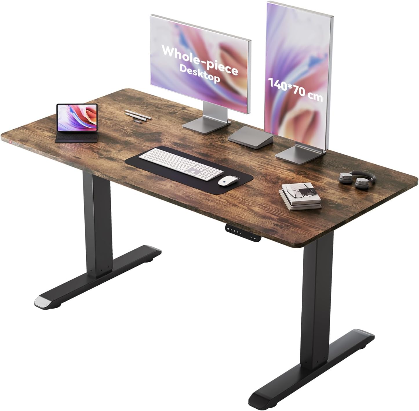 SIHOO Standing One Piece Desktop, 140 x 70cm Height Adjustable With Memory Smart Panel, Sit Stand Computer Workstation, Electric for Home & Office (Brown)