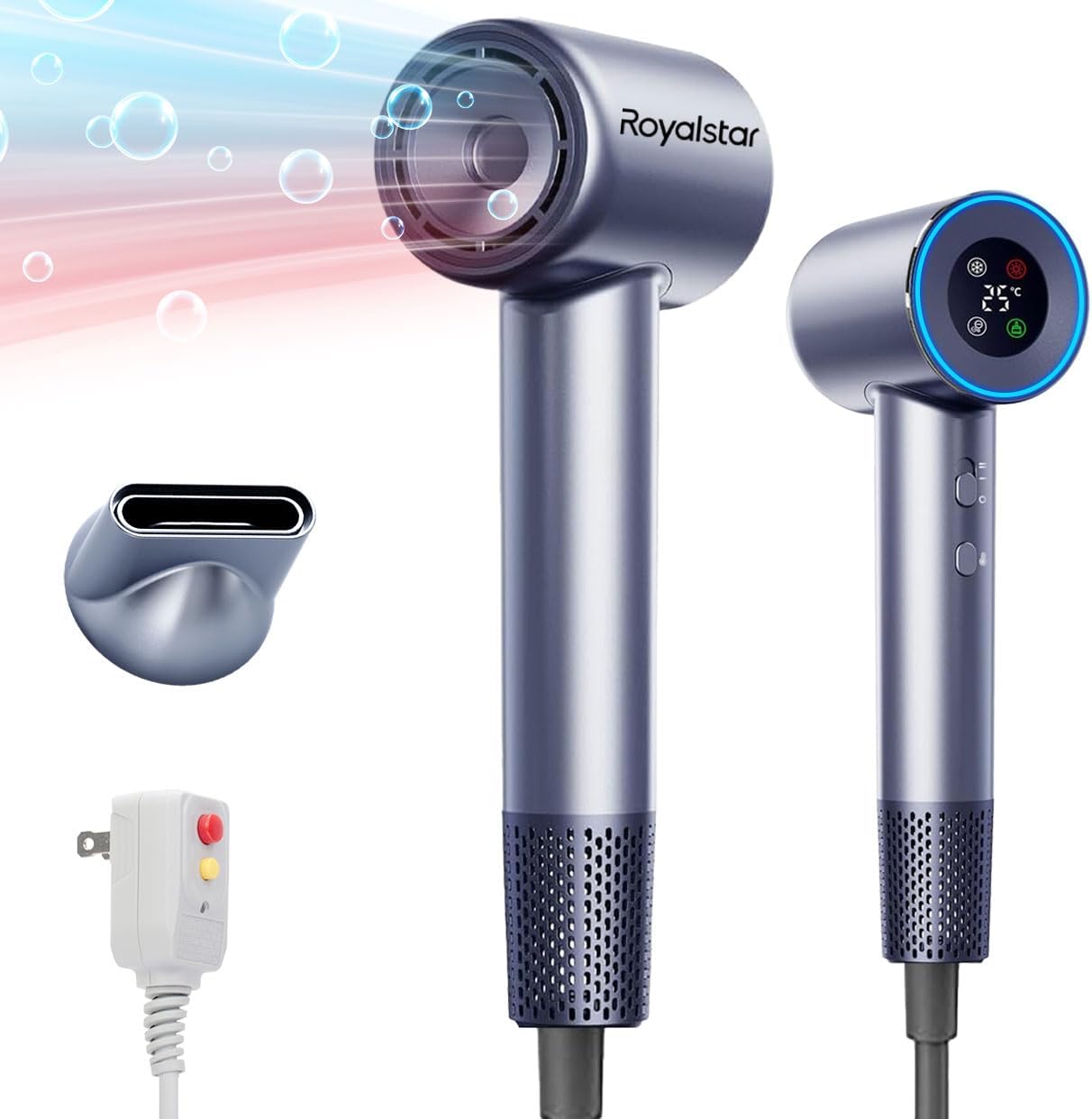 Hair Dryer, 150000 RPM Professional High Speed Blow Dryer Negative Ionic Care Hair Dryer for Fast Drying, Low Noise, HD Display Hairdryer for Curly Straightener, Thermo-Control Hairdryer with Nozzle