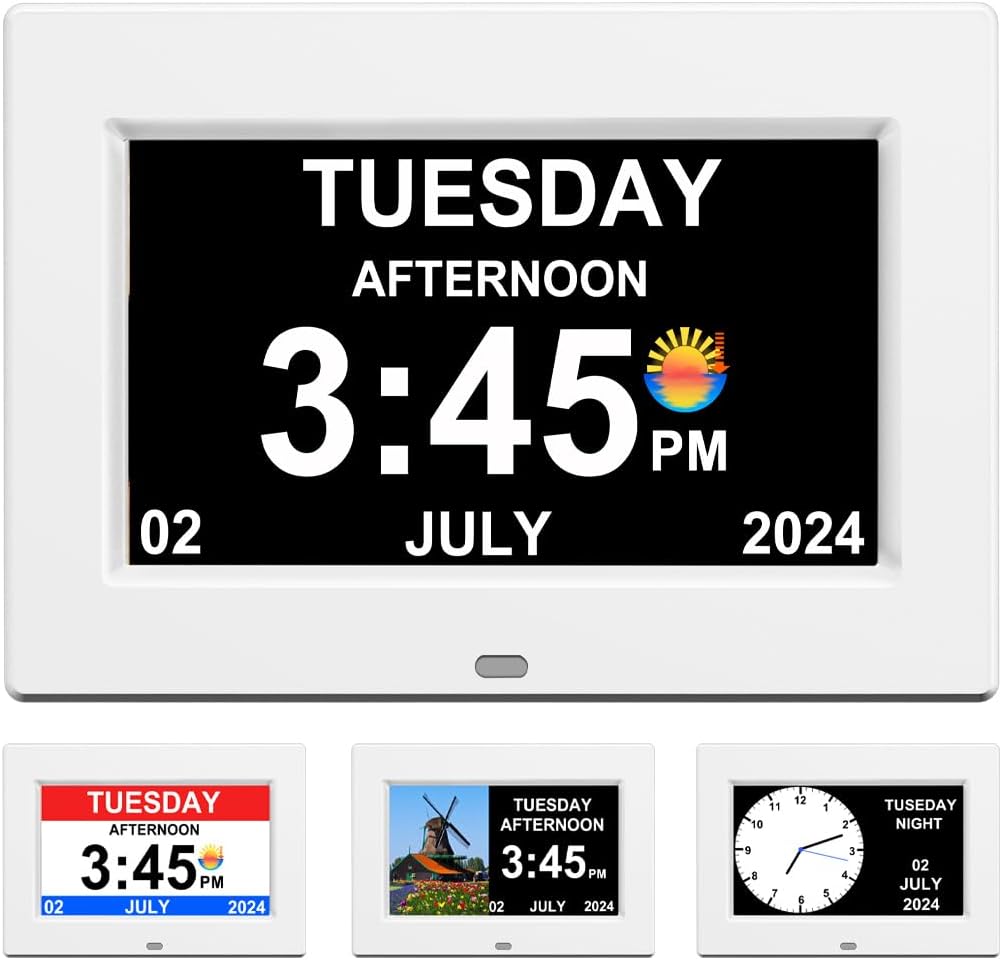 CAZOKASI Clock With Day And Date For Elderly Calendar Digital Alarm Options, Level 5 Auto Dimmable Display,Extra Large Impaired Vision（No Power adapter）