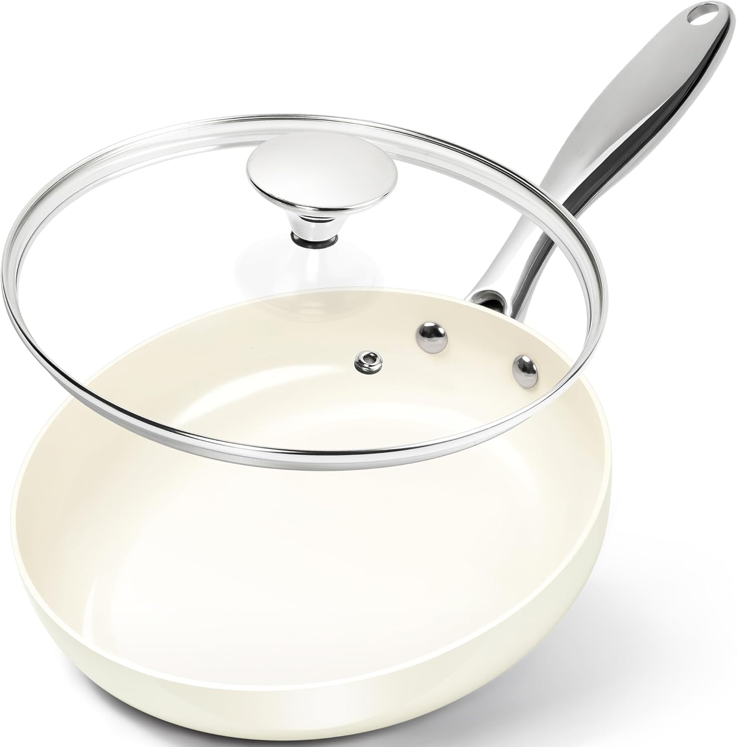 MICHELANGELO 20cm Ceramic Frying Pan, Non Stick Ceramic-Coated, Small Pan with Lid, Non Toxic, Oven Safe,Induction Compatible, Cream White