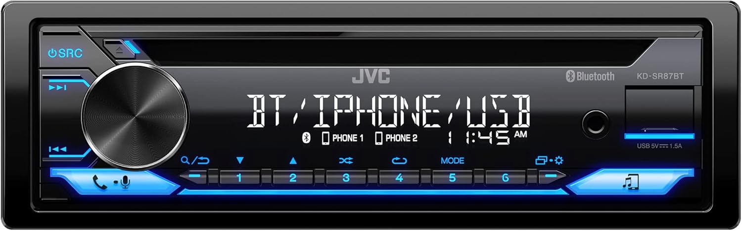 JVC KD-SR87BT Bluetooth CD Car Stereo with USB Port – AM/FM Radio, MP3 Player, High Contrast LCD, Detachable Face Plate – Single DIN – 13-Band EQ