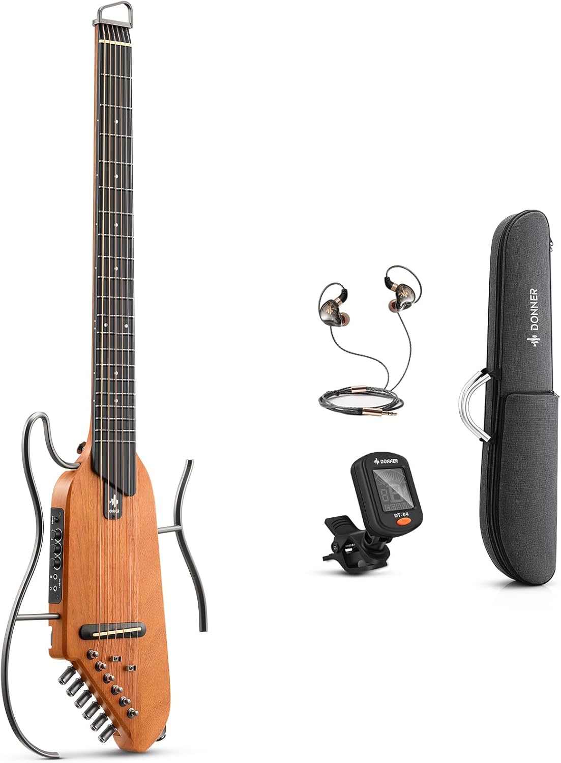 Donner HUSH-I Guitar For Travel - Portable Ultra-Light and Quiet Performance Headless Acoustic-Electric Guitar, Mahogany Body with Removable Frames, Gig Bag, and Accessories