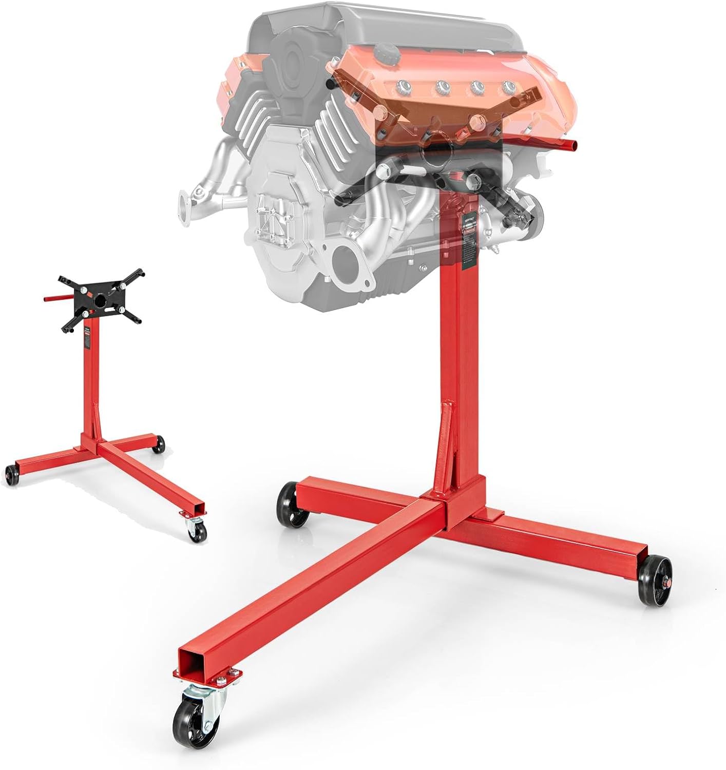 TANGZON 360° Rotating Engine Stand, Motor Stand with Casters, Non-slip Handle & 4 Adjustable Arms, Heavy-Duty Metal Engine Hoist Holder Lift for Garage Auto Repair (750LBS, T-Shaped Base)