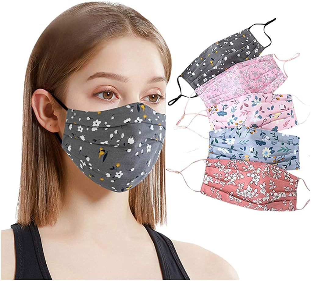 5PCS Women Cloth_Mask Face Bandanas Reusable Washable Skin Care With Adjustable Earloops Floral Design