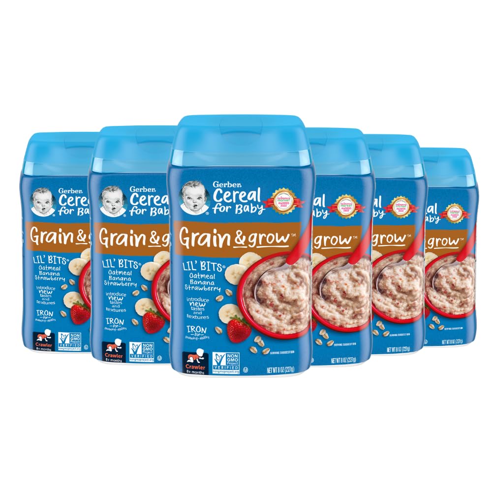 Gerber Stage 3 Baby Food, Oatmeal Banana Strawberry Cereal, Whole Grains, Iron, Baby Oatmeal Cereal, 6-Pack