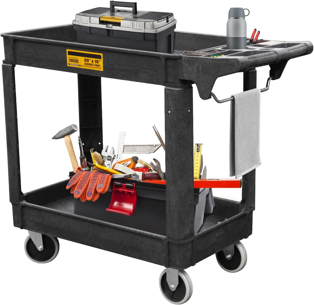 Utility Service Cart,Heavy Duty 500 LBS Rolling Utility Cart with 360° Swivel Wheels, Lipped Shelves, Ergonomic Storage Handle, Used in Warehouse/Garage/Cleaning/Manufacturing