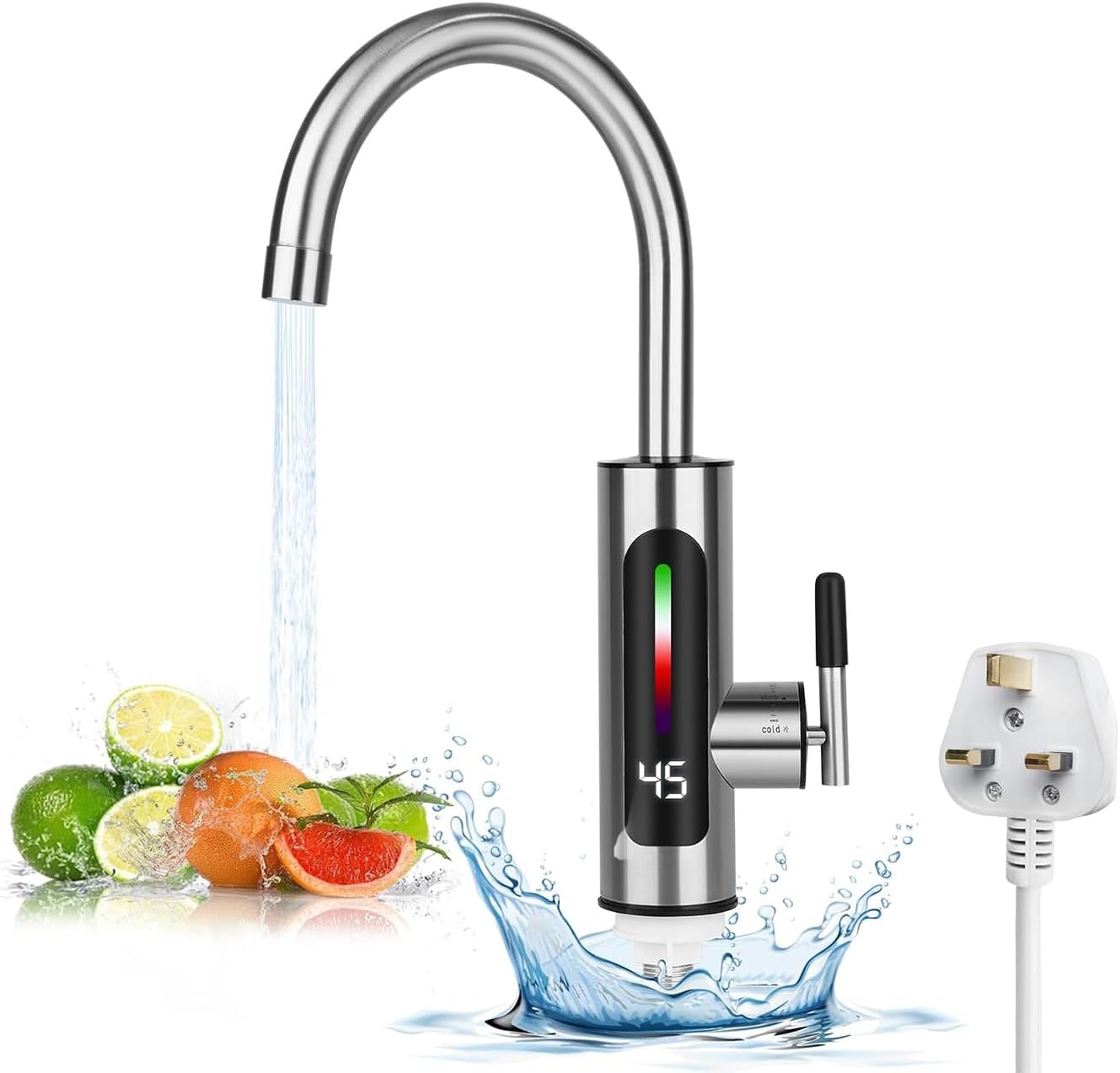 Instant Hot Water Tap, 220V 3000W Electric Hot Water Heater Tap, Stainless Steel Electric Hot and Cold Mixer Water Taps with Digital Display for Kitchen Bathroom Washroom, UK Plug