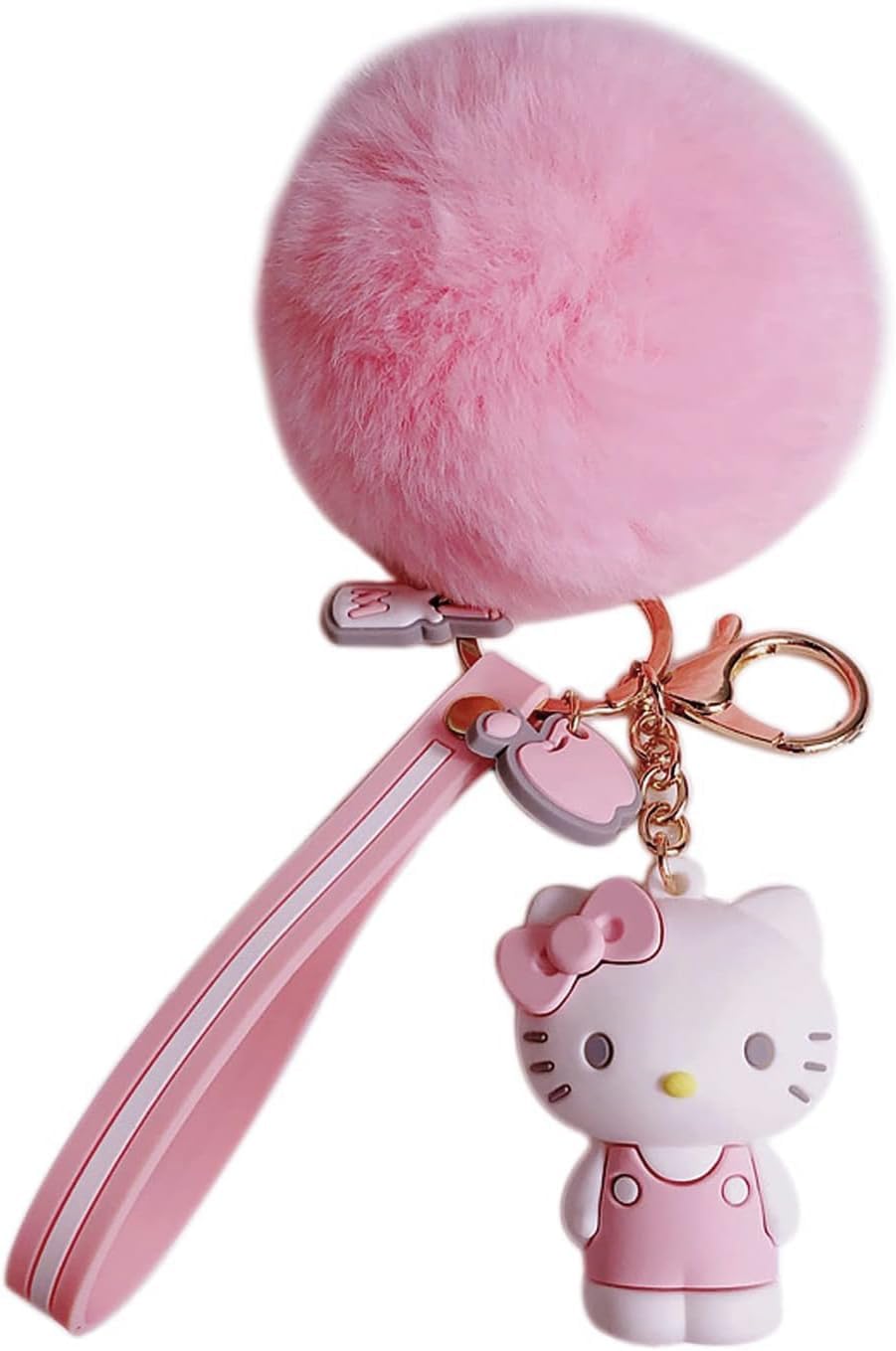 Cute Keychains for Girls, Kawaii Pom Pom Fuzzy Key Chain Accessories Wristlet Cartoon Keychain