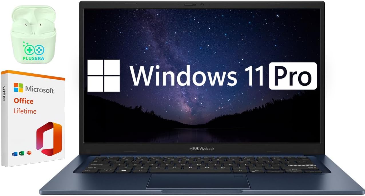 ASUS 14" FHD Vivobook Business & Student Laptop Computer, Windows 11 Pro Laptop with Microsoft Office Lifetime License, Camera Privacy Shutter, PLUSERA Earphones (Intel Core i3,40GB RAM | 1TB SSD)