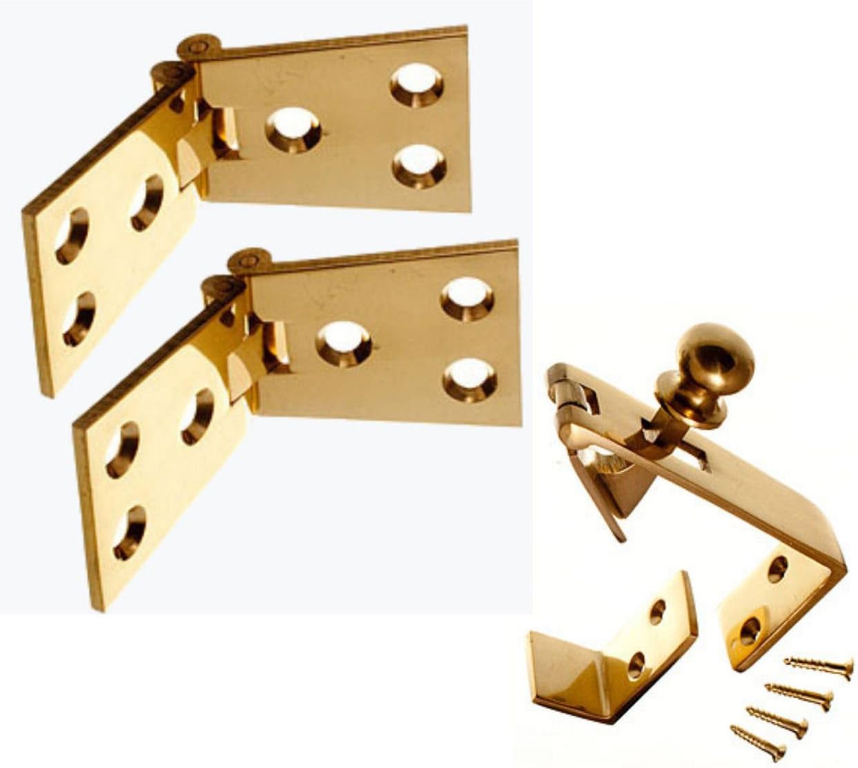 PAIR OF BRASS COUNTER FLAP HINGES 1 1/4 INCH X 4 INCH & COUNTER CATCH + SCREWS