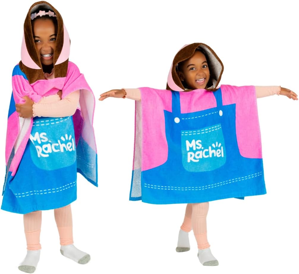Franco Ms. Rachel Kids Beach/Pool/Bath/Camping Hooded Towel Poncho 24" X 22", Absorbent Cotton Cover up, (Officially Licensed Product)