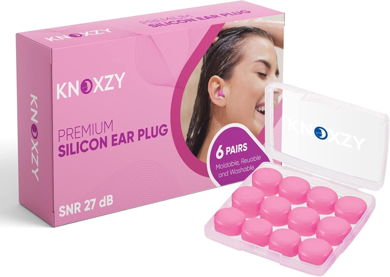 Knoxzy Silicone Ear Plugs Re-Usable Waterproof Noise Cancelling Premium Moldable Ear Plugs for Sleeping, Travelling, Studying Noise Reduction Pink Pack of 1