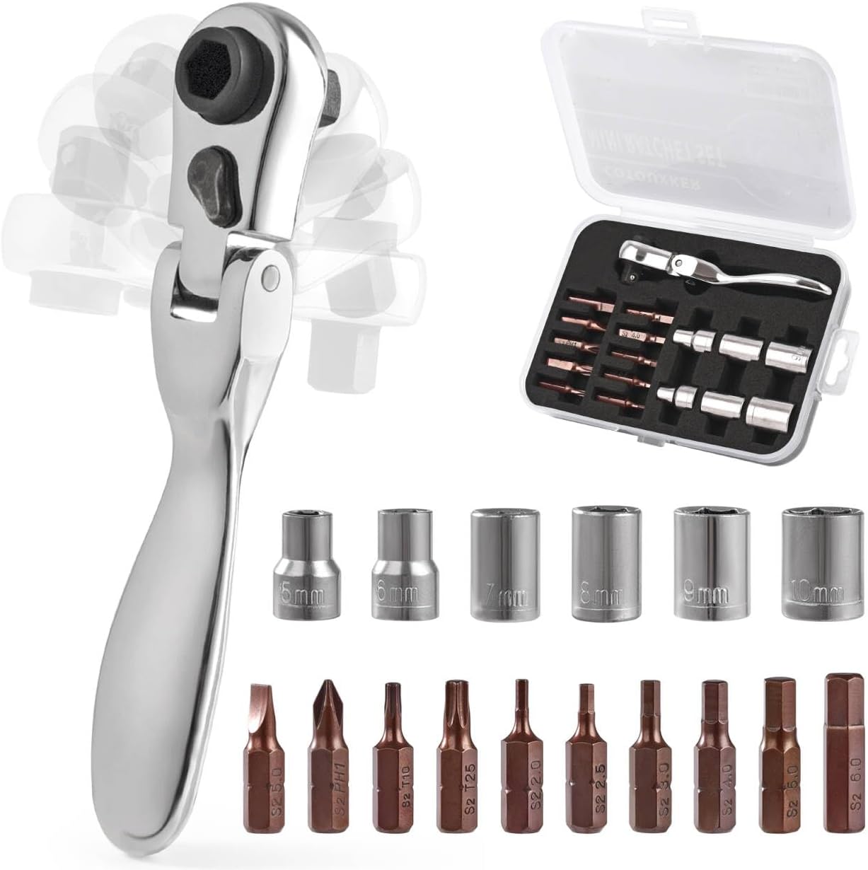 COTOUXKER Mini ratchet screwdriver Set, Right Angle Screwdriver set with 1/4 Mini Flex Ratchet Wrench and Bits Sockets for Tight Spaces(Ratchet wrench with bits and socket)