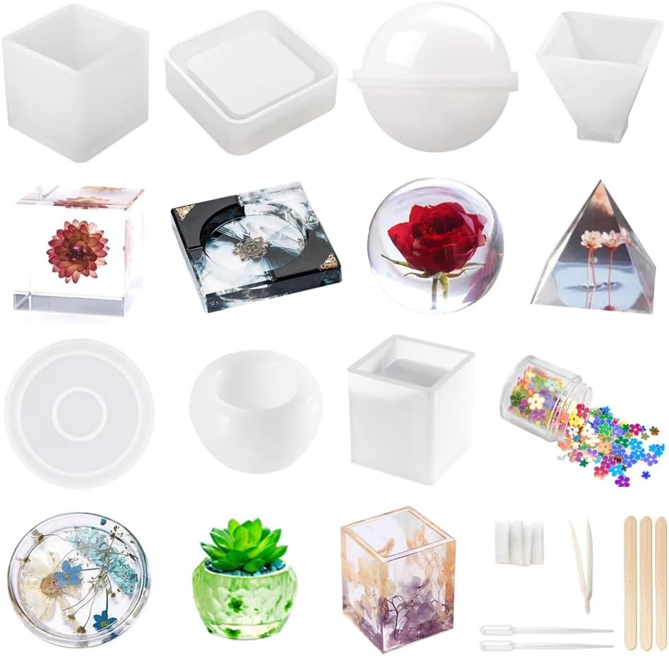 Resin Molds Silicone Kit 20Pcs,Epoxy Resin Molds Including Sphere,Cube,Pyramid,Square,Round, Used for Create Art,DIY,Ash Trays,Coasters,Candles.Bonus Decorative Sequins and The Complete Set Tools