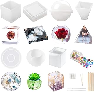 Resin Molds Silicone Kit 20Pcs,Epoxy Resin Molds Including Sphere,Cube,Pyramid,Square,Round, Used for Create Art,DIY,Ash Trays,Coasters,Candles.Bonus Decorative Sequins and The Complete Set Tools