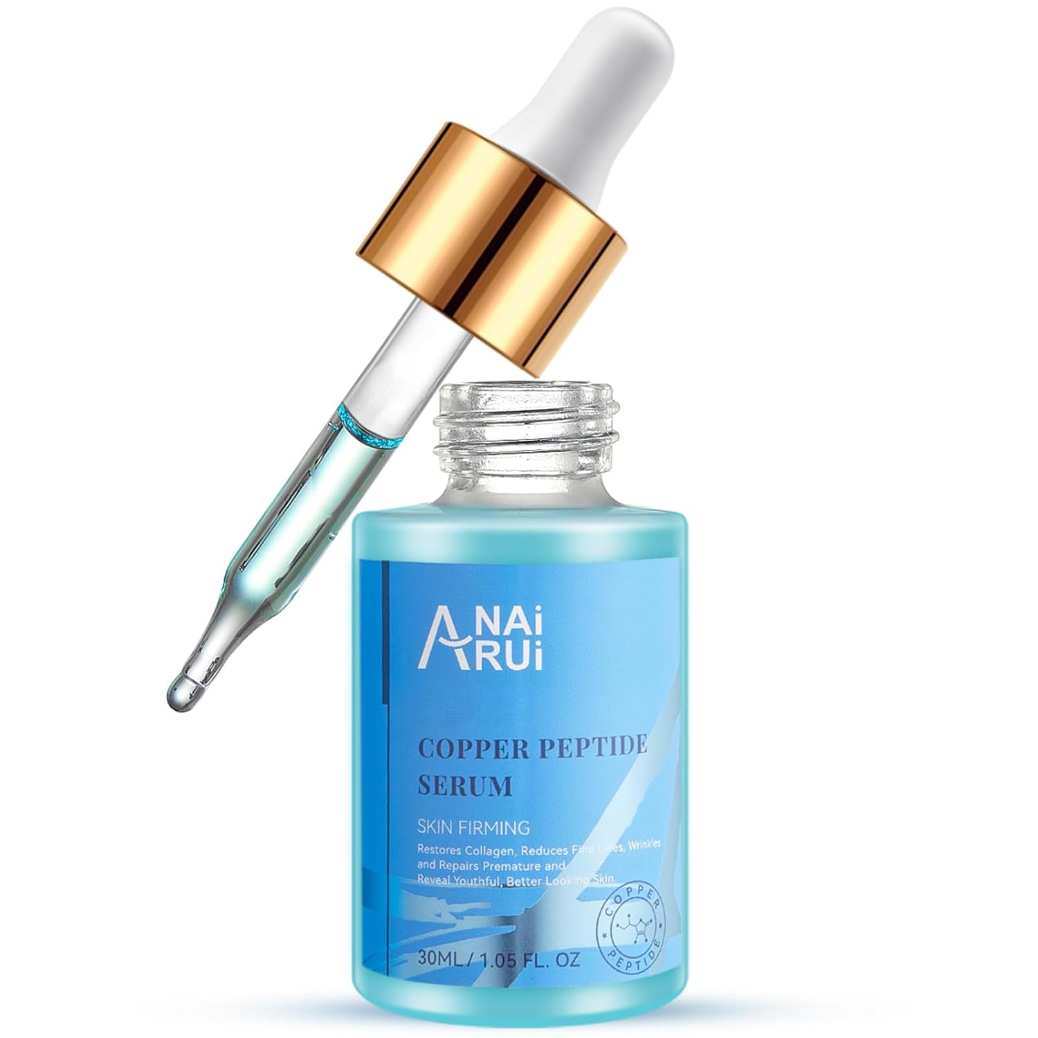 ANAI RUI Copper Peptides Serum for Face -Copper Peptide Face Serum + Hyaluronic Acid - Reduces Fine Lines & Wrinkles, Plumping and Radiant Skin, 1.fl.Oz