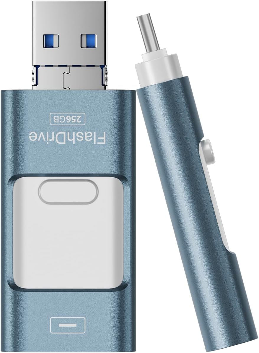 Flash Drive for iPhone 256GB, 4 in 1 USB Type C Memory Stick, Photo Stick External Storage Thumb Drive for iPhone iPad Android Computer, Sky Blue