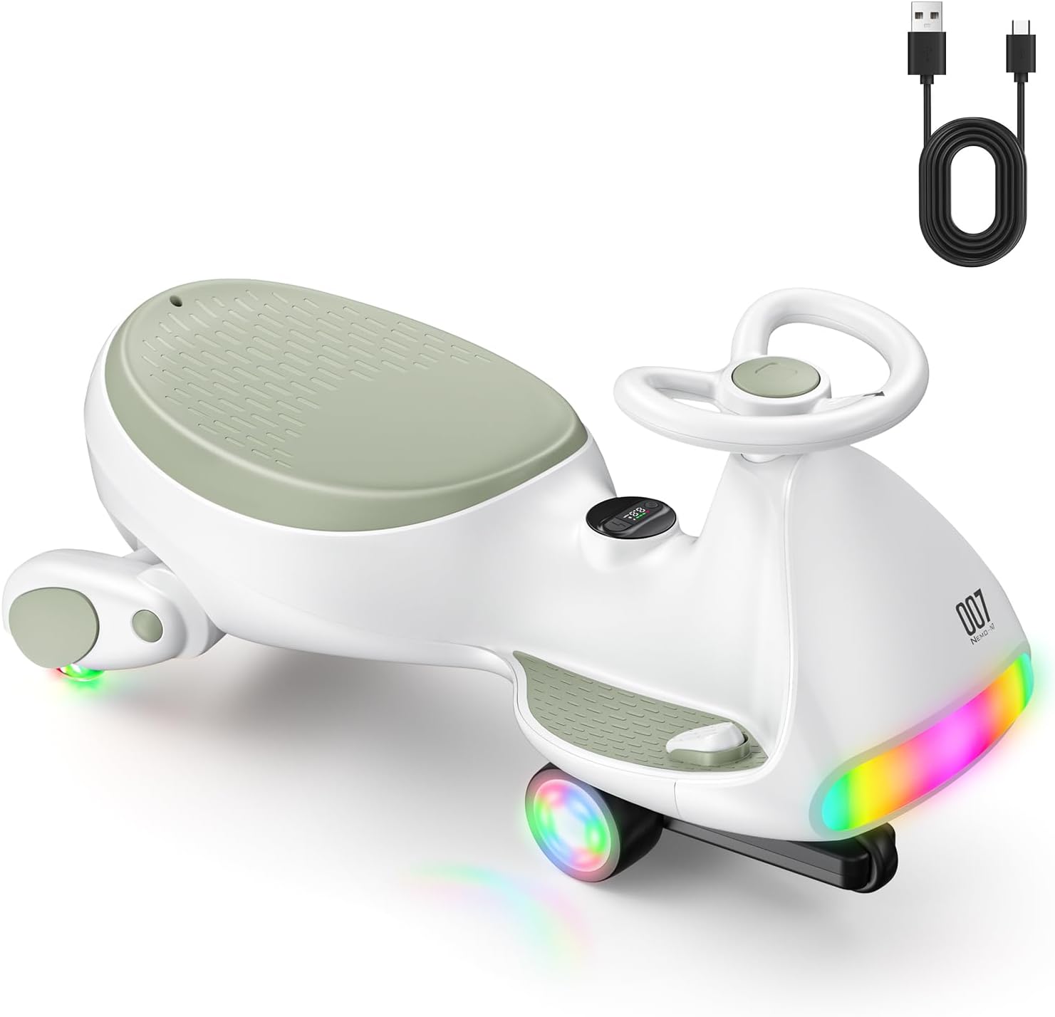 FanttikRide 12V N7 Ultra Electric Wiggle Car with Pedal, Kids Car, MagicMute Motor Swing Car, 2 Speeds, 9 Color Modes, Digital Display, Bluetooth, for Ages 3 and Up, 150 Lbs, Morandi Green