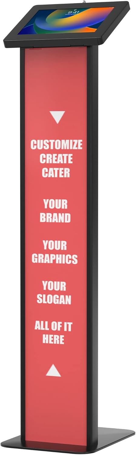 Premium Kiosk Floor Stand – CTA Customizable Stand with Graphic Card Slot Branding for iPad 11 (A16) - Pro 11-inch M4 - Air 11-inch M3- iPad 10th Gen - Galaxy Tab & More Tablets - Black