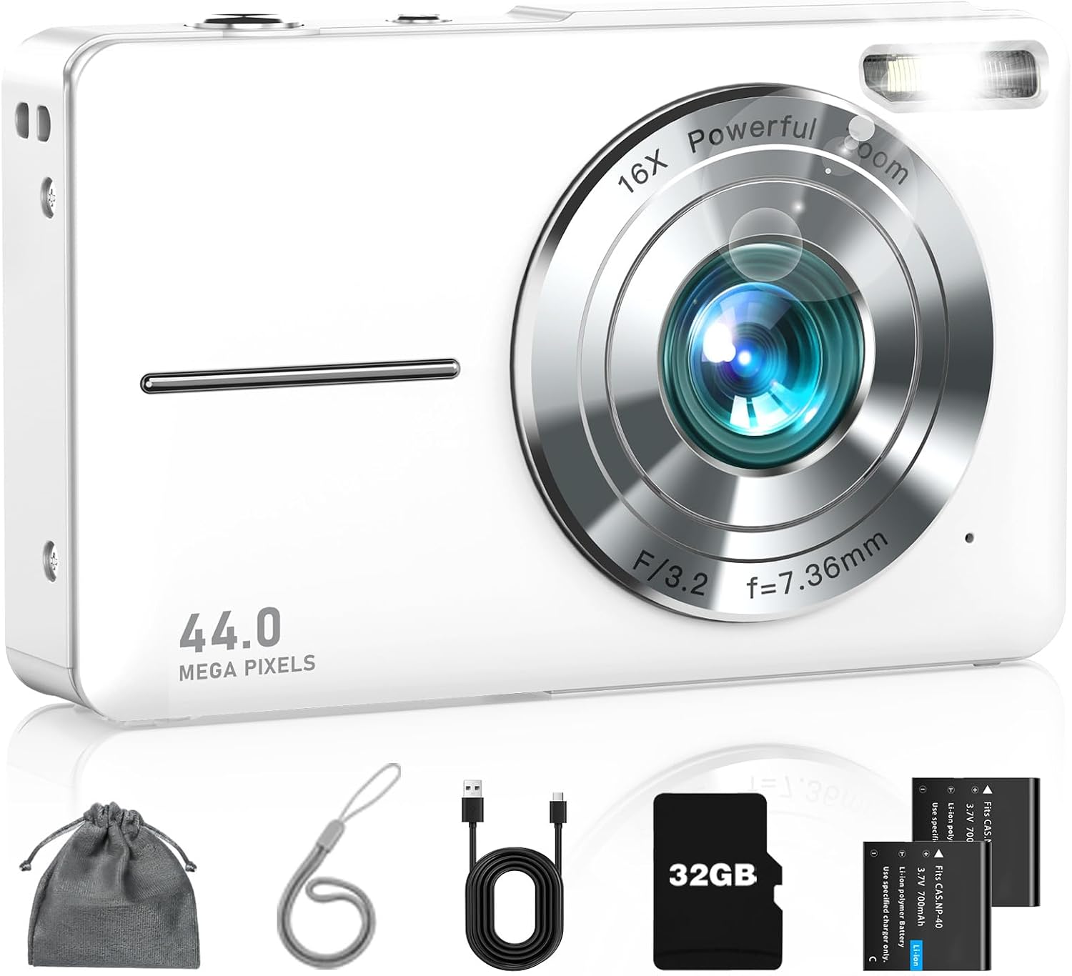Digital Camera FHD 1080P Point and Shoot Camera with 32GB Card, Pearl White