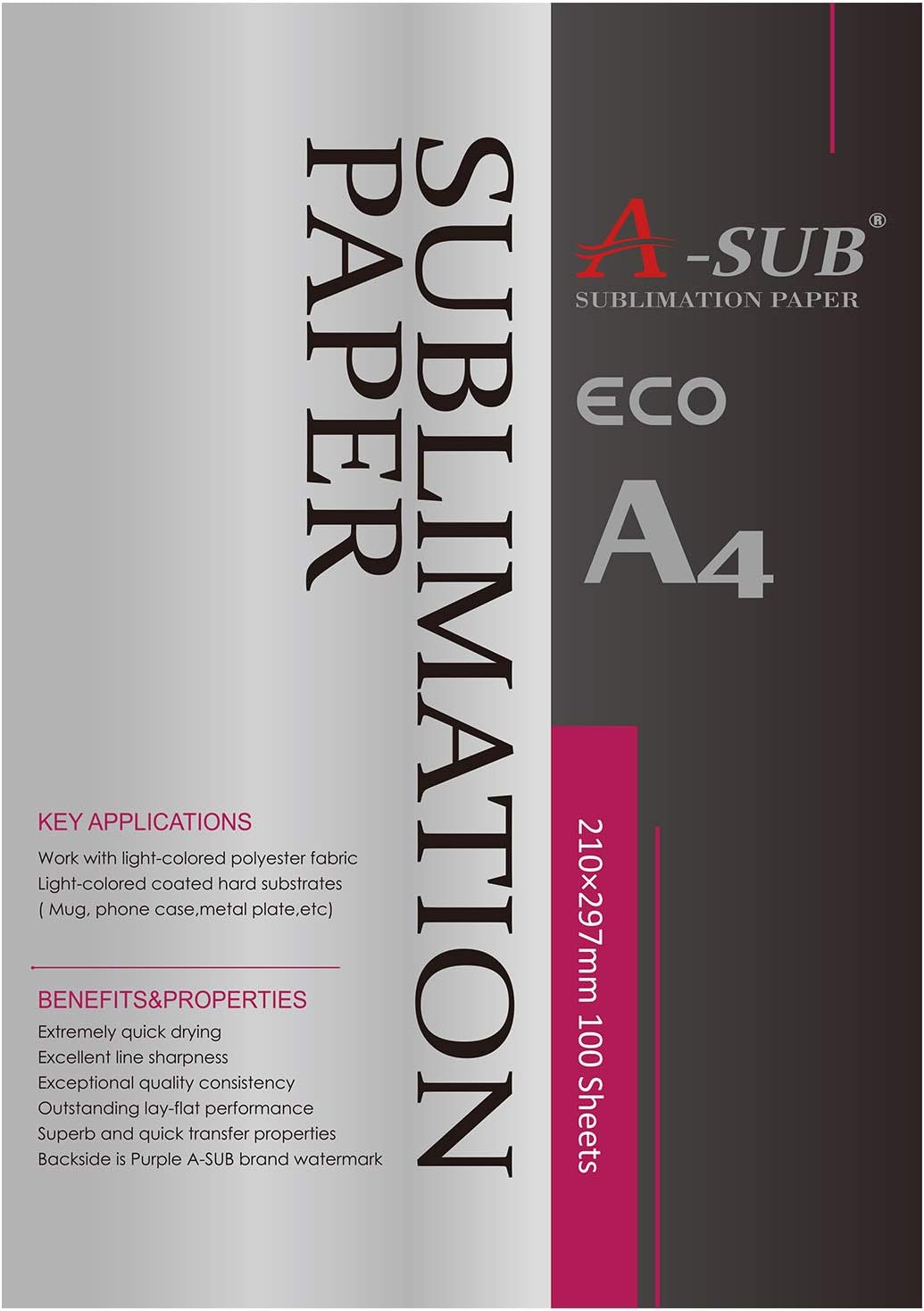 A-SUB Sublimation Paper A4, 210x297mm, 100 Sheets, Compatible with EPSON, SAWGRASS, RICOH, Brother Sublimation Printers
