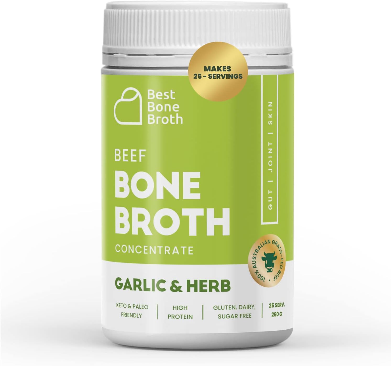 Best Bone Broth Premium Beef Bone Broth Concentrate Garlic Herb Flavour | Supports Joints, Skin & Gut | No Hormones or Additives | Delicious Natural Flavour | Sourced from AU & NZ Beef - 25 Serving