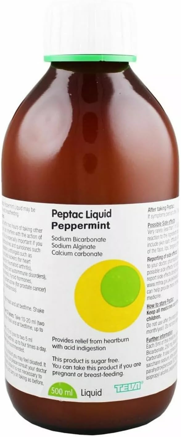 Peptac Liquid Peppermint, 500 ml, Sugar-Free Indigestion Relief - Free Measuring Cup - Fast-Acting Heartburn, Indigestion, Acid Reflux, and Nausea Relief