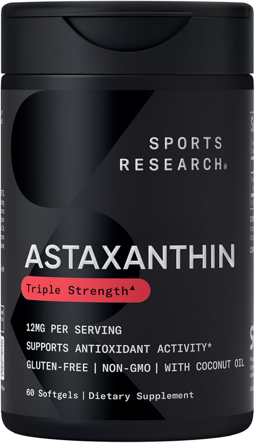 Sports Research® Triple Strength Astaxanthin 12mg with Organic Coconut Oil - Antioxidant Supplement, Non-GMO Verified & Gluten Free - 60 Softgels