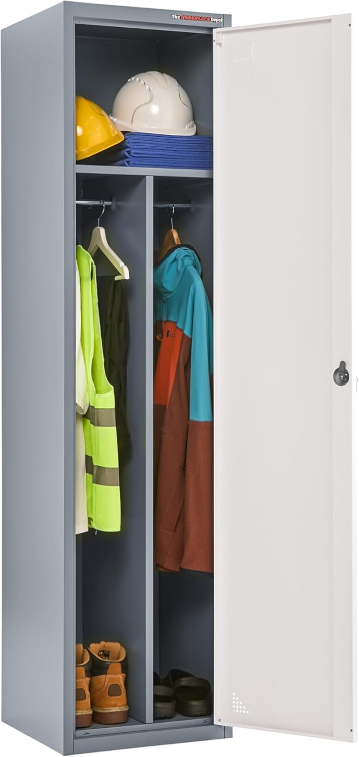 The Workplace Depot Clean/Dirty Metal Locker, Lockable Heavy Duty Steel Storage Locker with Dual Compartments & 2 Hanging Rails (Grey)