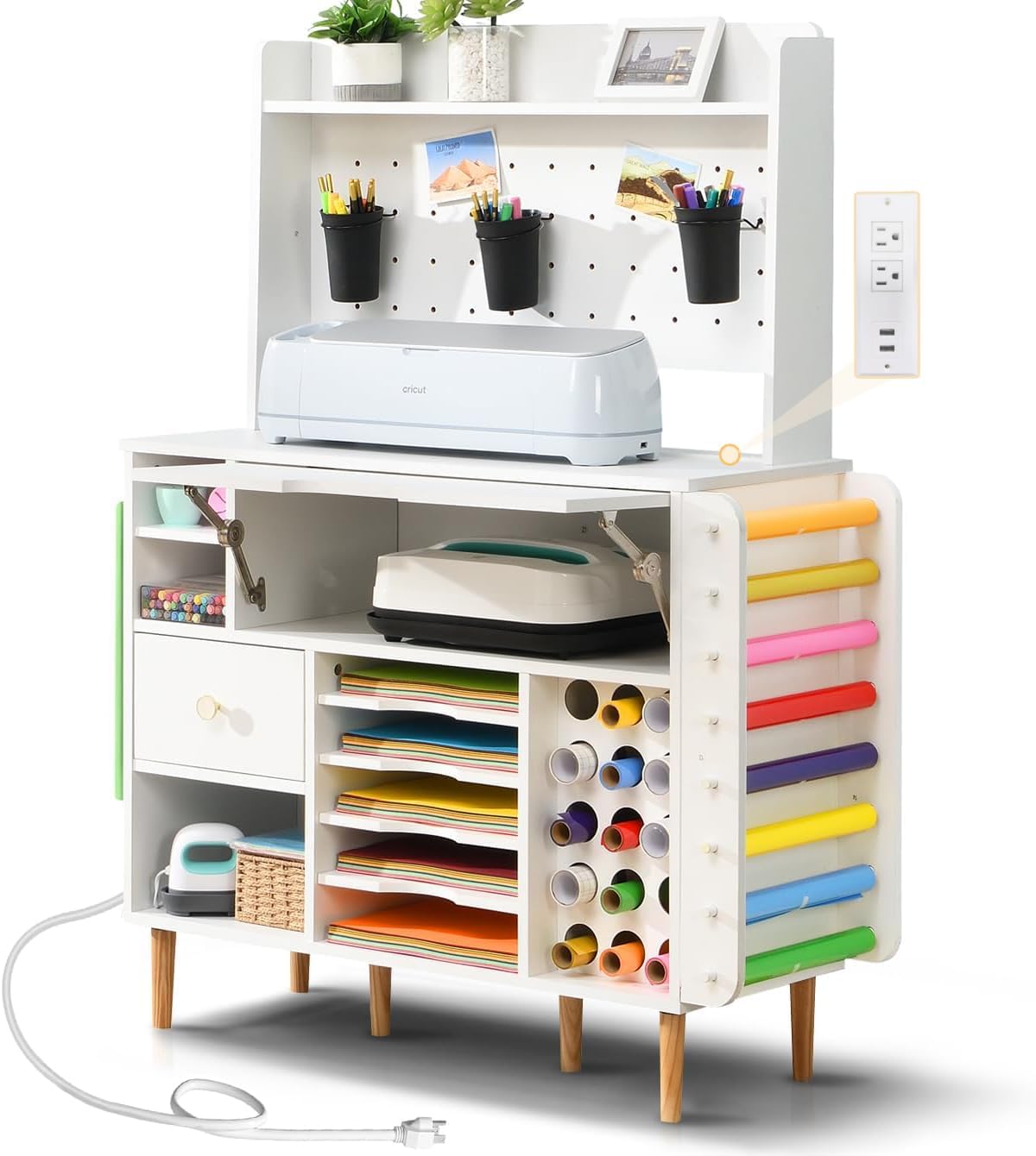 Craft Organization and Storage Cabinet Compatible with Cricut Machines, Craft Table with Storage for Adults, Crafting Desk with Power Outlet,Pegboard, Vinyl Holders