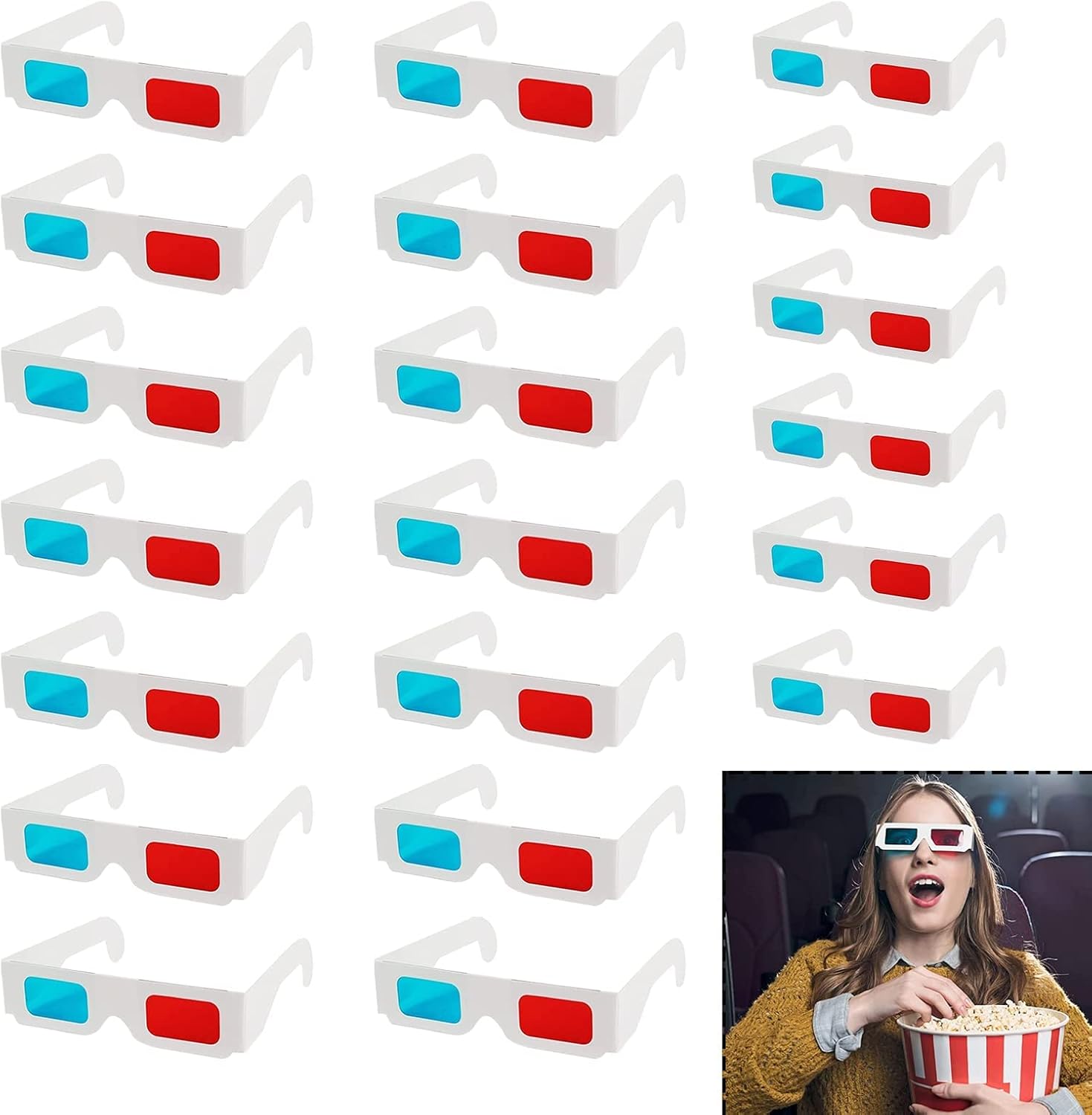 20-Pack Cardboard 3D Glasses for TV, Red/Blue Anaglyph Lenses, Lightweight & Portable Design, Ideal for Movies, TV, Magazines, Comic Books, Videos, and More