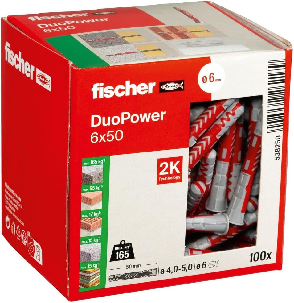 Fischer DuoPower 6 x 50, Powerful Universal Plug with Intelligent 2-Component Technology for fastenings in Concrete, Bricks, Gypsum plasterboard, chipboard, etc, 100 Plugs Without Screws