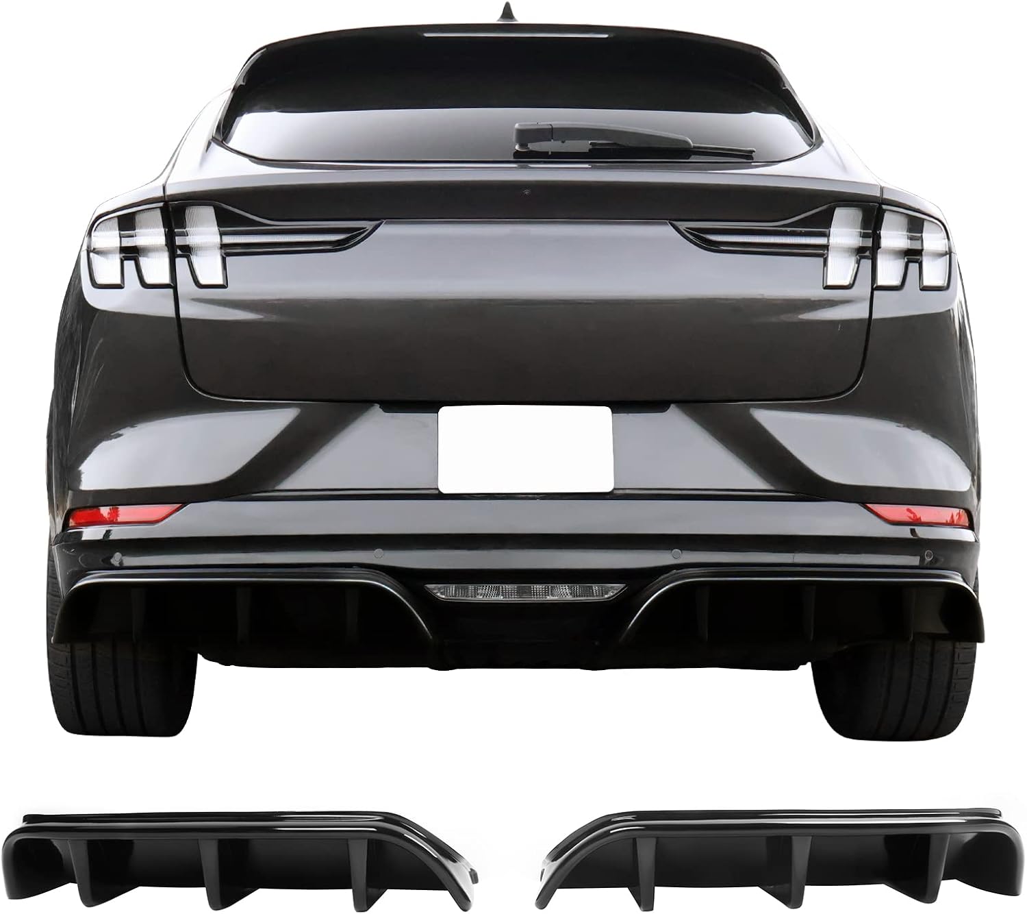 IKON MOTORSPORTS, Rear Diffuser Compatible With 2021-2024 Ford Mustang Mach-E GT, Gloss Black PP Polypropylene IKON Style Rear Bumper Lip Diffuser Shark Fins Kit Lower Valance Lip Spoiler Canard, 2022