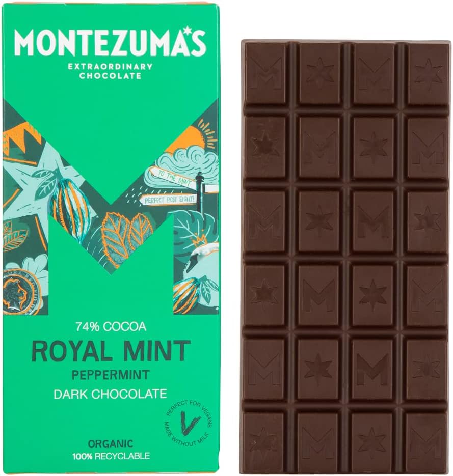 Montezuma's Royal Mint, 74% Cocoa, Dark Chocolate With Peppermint, Gluten Free, Naturally Vegan & Organic, 90g Bar