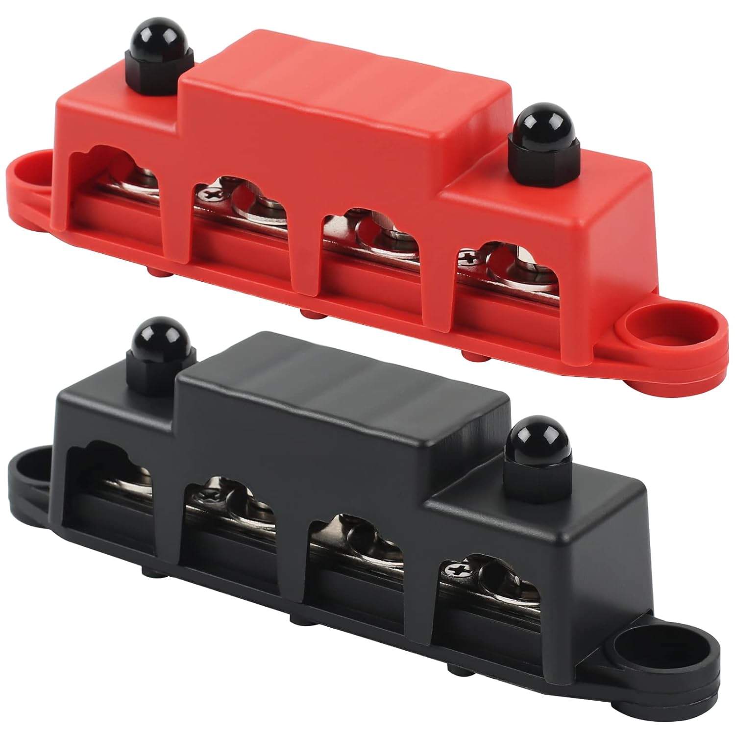 HOIIME 12 V - 48 V Bus Bar Power Distribution Block with 4 x M10 Terminal Studs, High Performance Module BUSBAR with Cover for Cars RVs Ships Yachts (Red & Black, 2 pieces)
