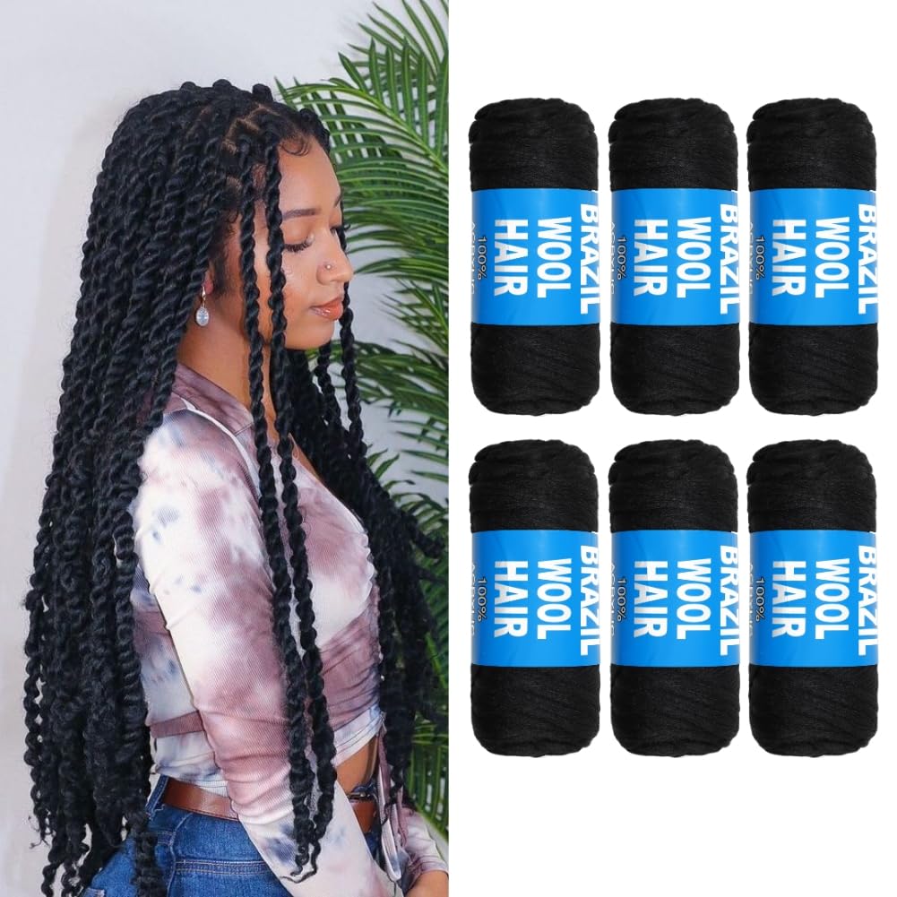 Brazilian Wool Hair Extension Big Twist Yarn 6 Roll African Braids Senegalese Twist Crochet Hair Extension for Women Synthetic Braiding Hair Acrylic Wool Thread for Stretching Hair 70g/Roll 1B