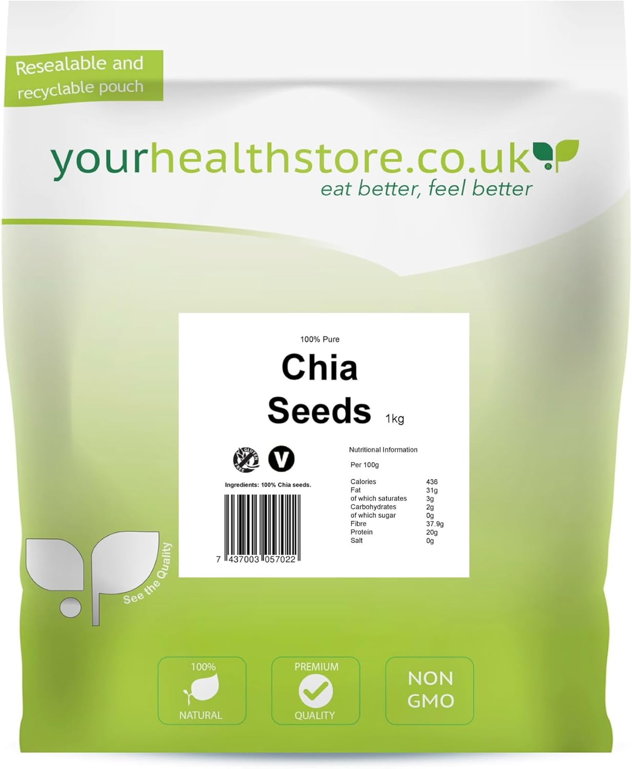 yourhealthstore Raw Chia Seeds 1kg, 100% Natural, Vegan, High in Fibre, Gluten Free, Resealable and recyclable pouch.