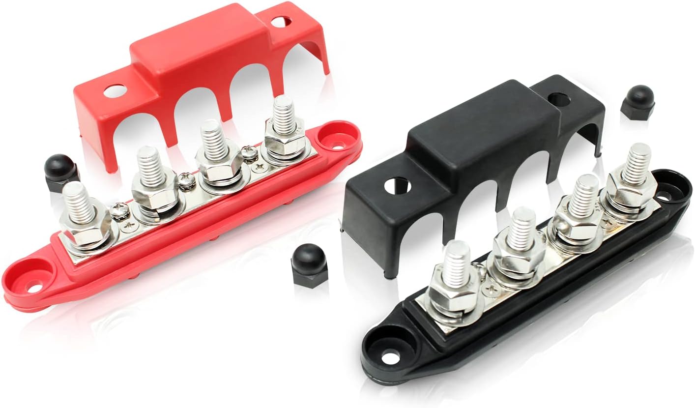 4 Post Power Distribution Block Bus Bar Pair with Cover - Made in The USA - 250 Amp Rating – Marine Bus Bar, Automotive, and Solar Wiring – Battery Terminal Distribution Block - (Set of 2) (3/8”)