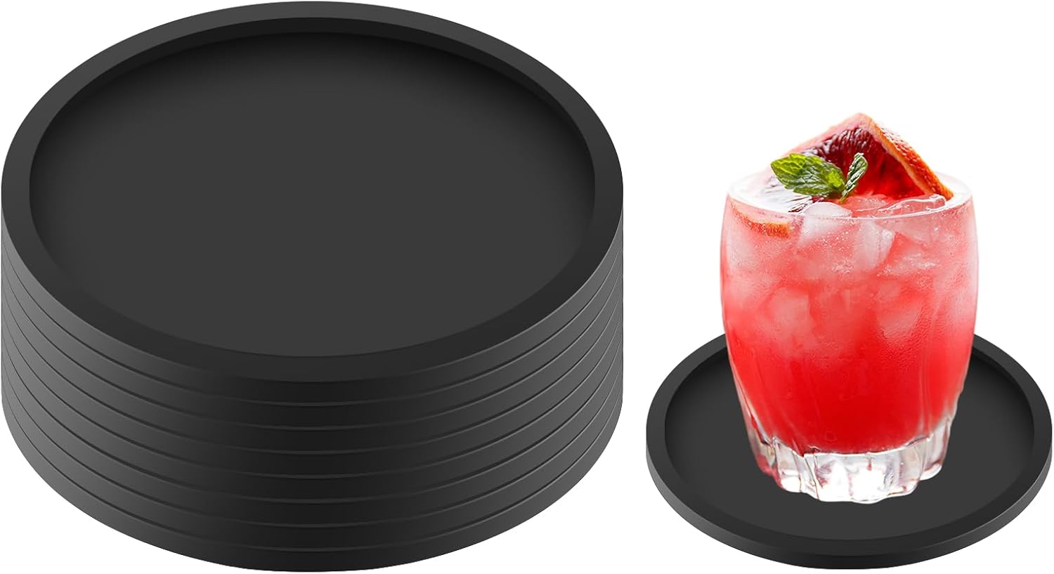 MOXYOY Black Coasters Set of 8 Round Silicone Drink Coasters. Non-Slip Cup Mats for Coffee, Beer, Wine Glasses, and Bottles. Perfect for Home & Bar Use (Black)