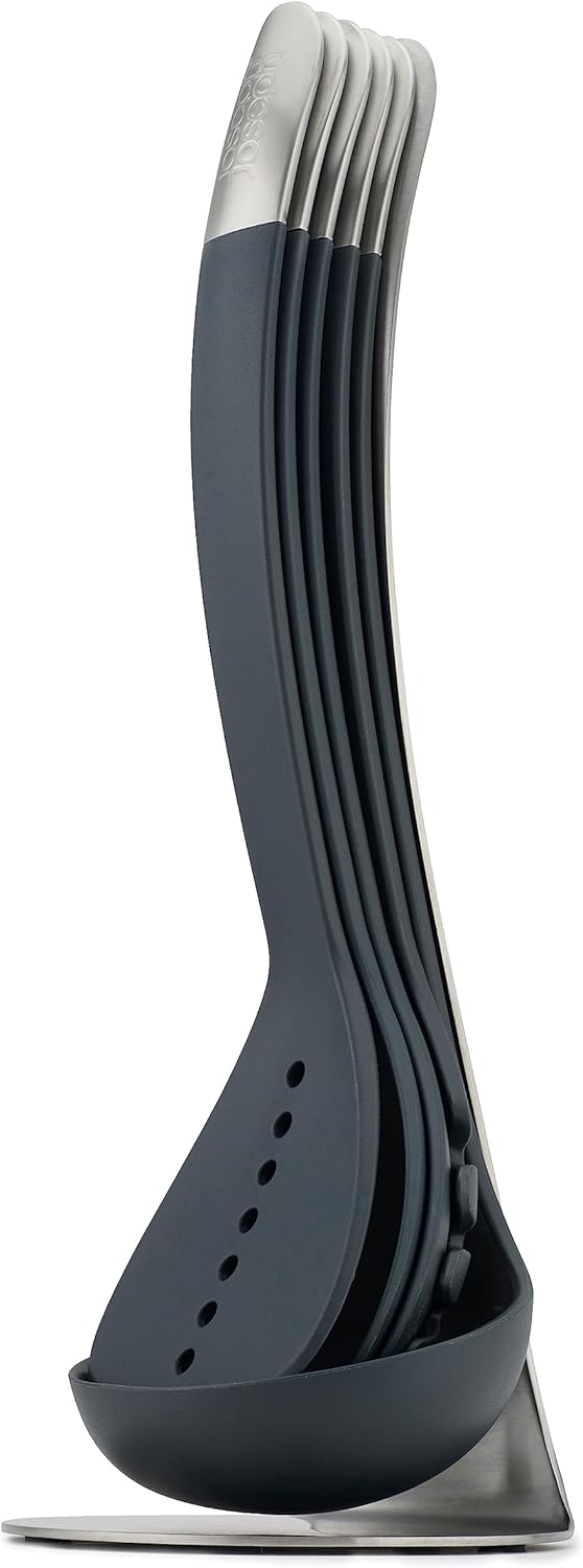 Joseph Joseph Nest 5 piece Utensils set with magnetic storage stand, compact kitchen organisation, dishwasher safe - Black/Stainless Steel