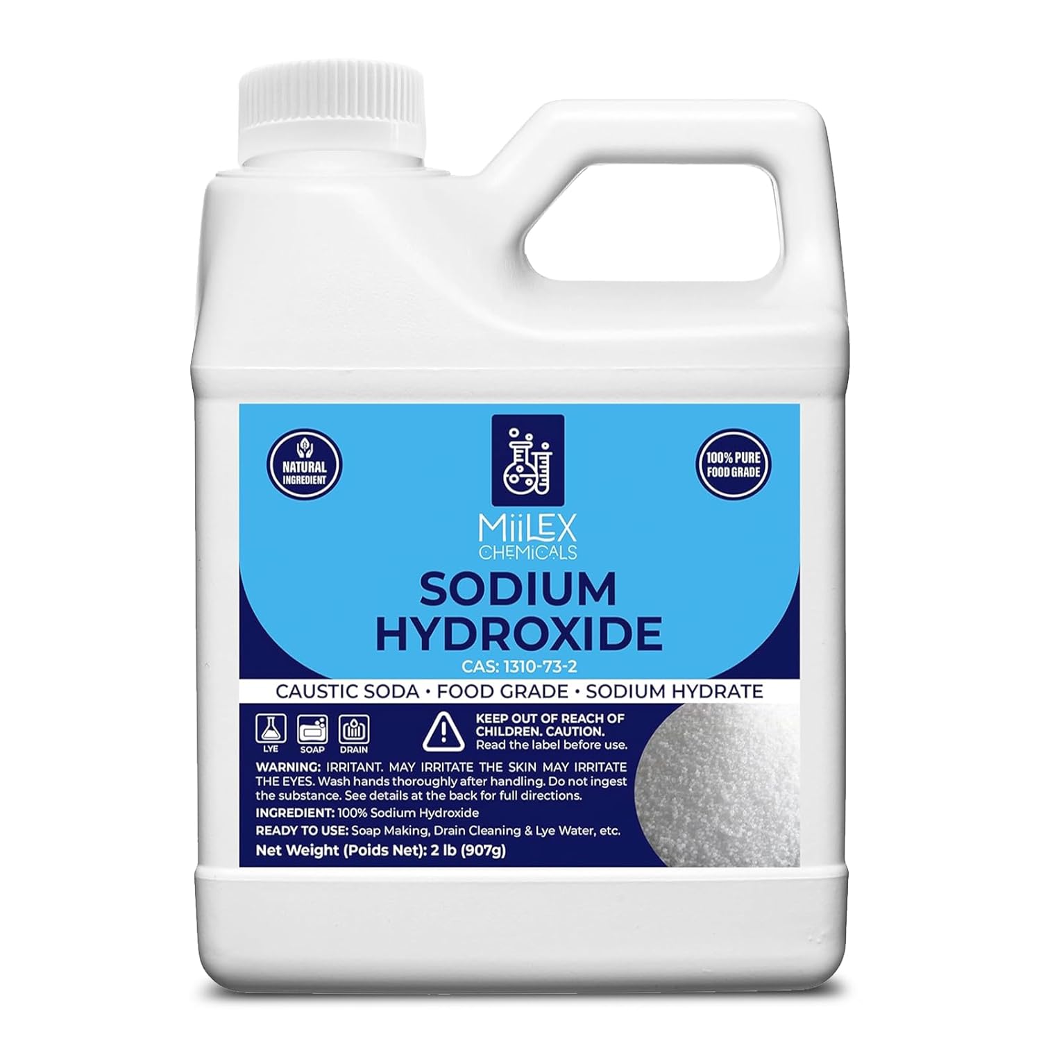 Food Grade Lye Sodium Hydroxide - 100% Pure, 100% Caustic Soda, Food Grade Lye for Soap Making, Kosher Certified | Soap Making, Drain Cleaning, and Culinary Use (2lbs or 907g)