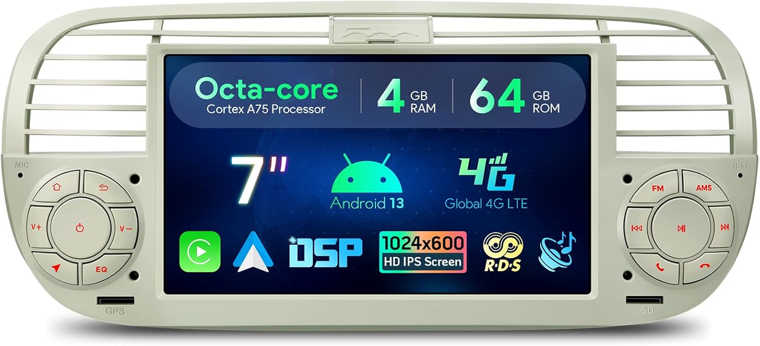 XTRONS 7 Inch Android 13 Car Stereo Radio Player 4+64GB, Built-in 4G Wireless GPS Navigation Car Play DSP RDS Radio Bluetooth WIFI, Support AHD CAM TPMS DVR DAB+for Fiat 500 (2007-2015) Cream