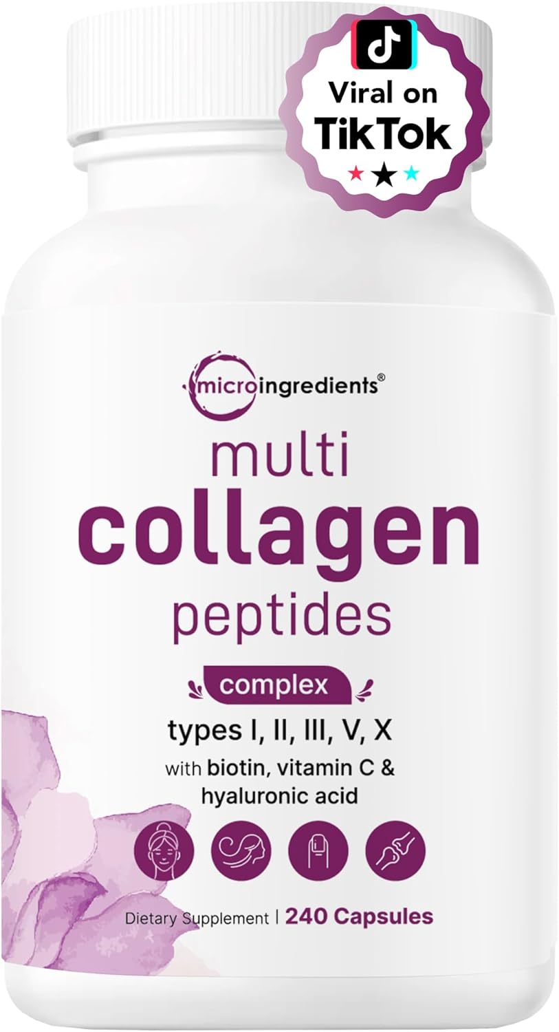 Micro Ingredients Multi Collagen Pills for Women & Men, 240 Capsules | Type I, II, III, V, X - Hydrolyzed Collagen Peptides with Biotin, Hyaluronic Acid & Vitamin C | Hair, Skin, Nail & Joint Support