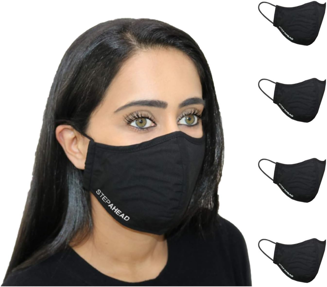 Step Ahead ® | 5 Pack Triple Layer Cotton Black Face Mask (ck o| f 5) Unisex Reusable Fashion Washable | Nano Mesh Water Repellent Layer- Protects from Dust, Pollution, Droplets