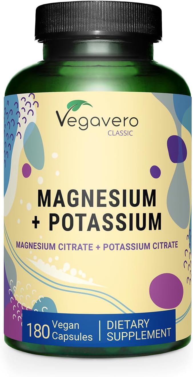 Vegavero Potassium (250 mg) Magnesium (250 mg) Citrates | Highly Bioavailable Supplement | Blood Pressure, Nervous System, Nerve Support* | Lab-Tested, NO Artificial Additives | 180 Capsules | Vegan