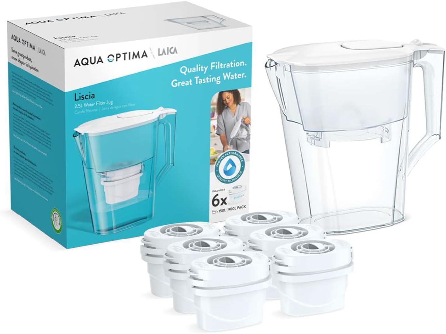 Aqua Optima Oria Water Filter Jug & 6 Evolve+ Filter Cartridge 2.8L Blue - Fridge & Dishwasher Friendly, Easy Fill - Reduces Limescale, Chlorine & Other Impurities - By LAICA (Packaging May Vary)