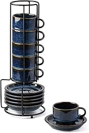JIEMEI HOME Porcelain Stackable Espresso Cups with Saucers and Metal Stand,4 Ounce Demitasse Cups for Coffee Drinks, Latte, Tea - Set of 6, Stackable Espresso Mugs, Reactive Glaze, Bule