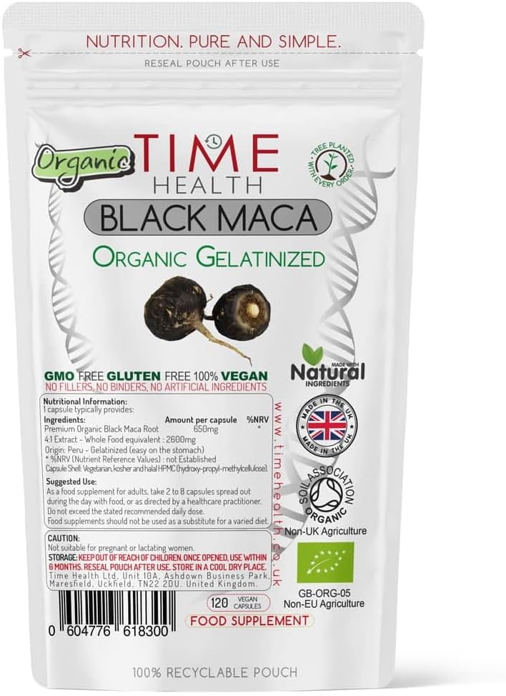 Gelatinized Black Maca Root - 2600mg Wholefood Equivalent - Peruvian - Soil Association Certified Organic - Vegan - GMP Standards - No Fillers, Binders or Flow Agents - Pullulan (120 Capsules)