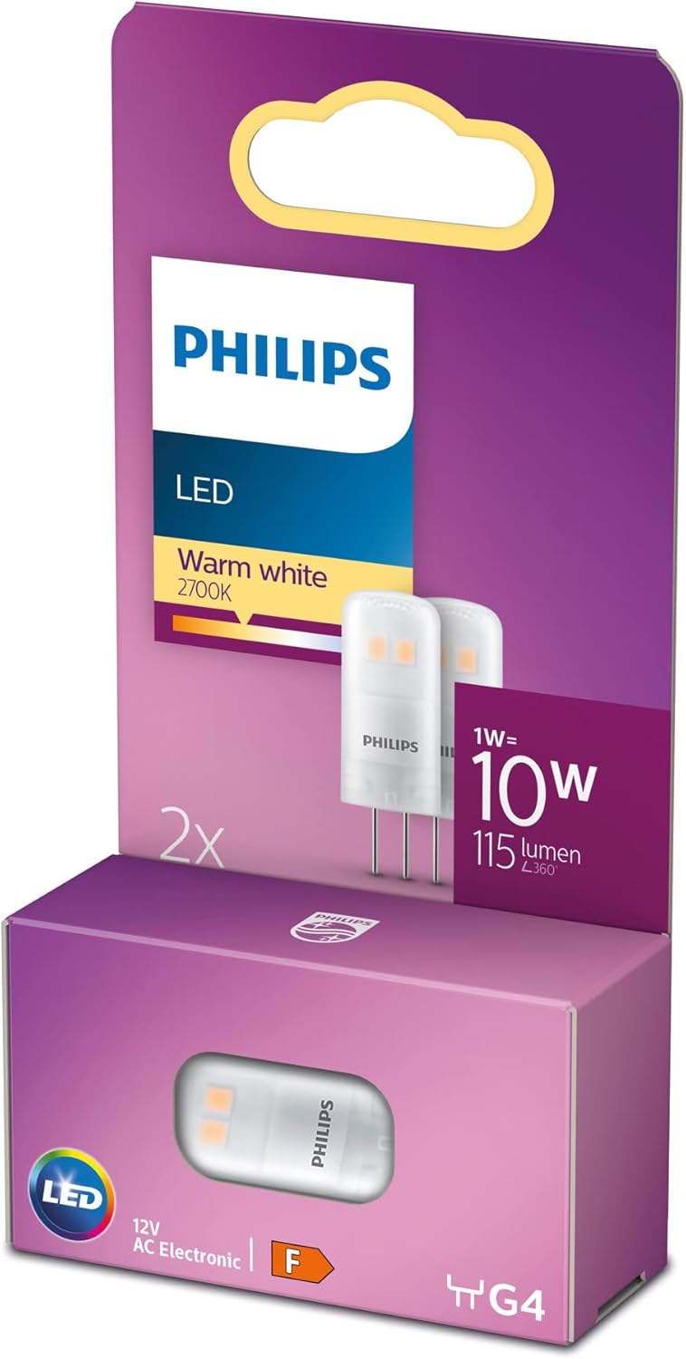 Philips LED Premium Light Capsule Spot 2 Pack [G4 Socket] 10W, Warm White (2700K), Non-Dimmable