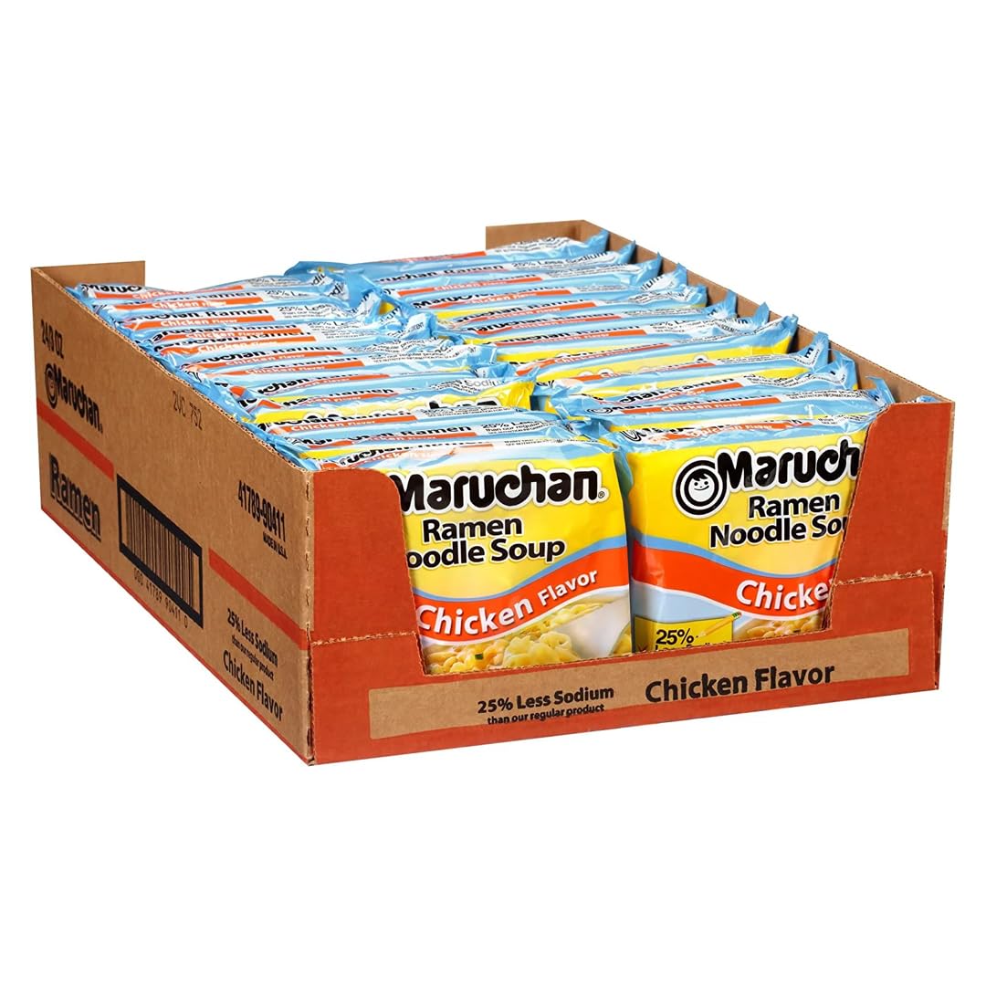 Maruchan Ramen Less Sodium Chicken, Instant Ramen Noodles, Ready to Eat Meals, 3 Oz, 24 Count